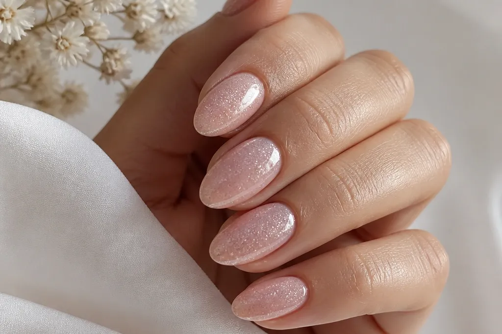 Soft pink almond nails with glitter for all year wear