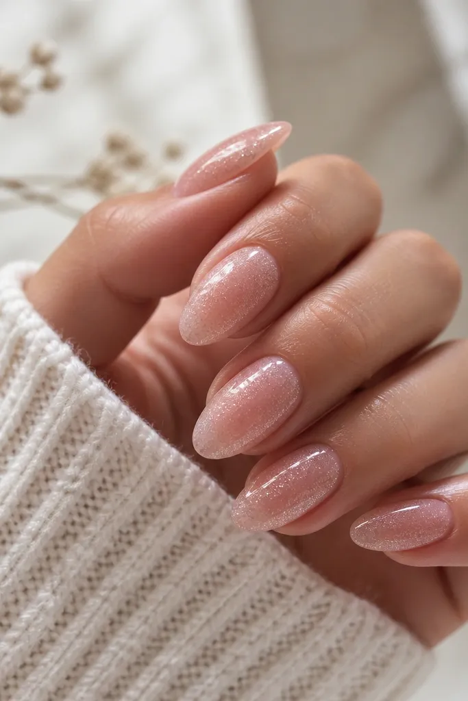 Soft pink almond nails with glitter for all year wear