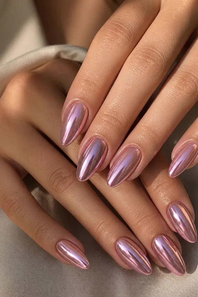 All nails are almond-shaped with a milky soft pink base, then full mirror chrome coverage. The shine is uniform, reflecting light like a glossy mirror with a pink tint.