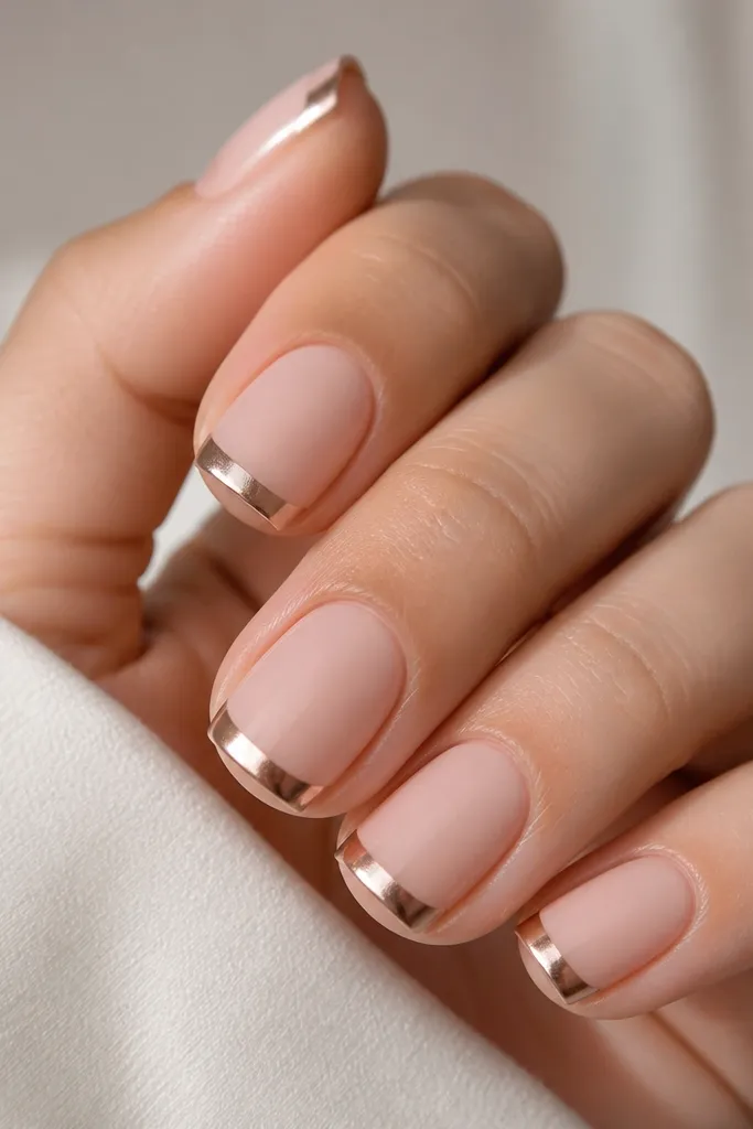 Short squoval nails with a sheer nude-pink base. Only the tip area is chrome, forming a clean arc. The rest of the nail is matte-soft pink with a subtle sheen.