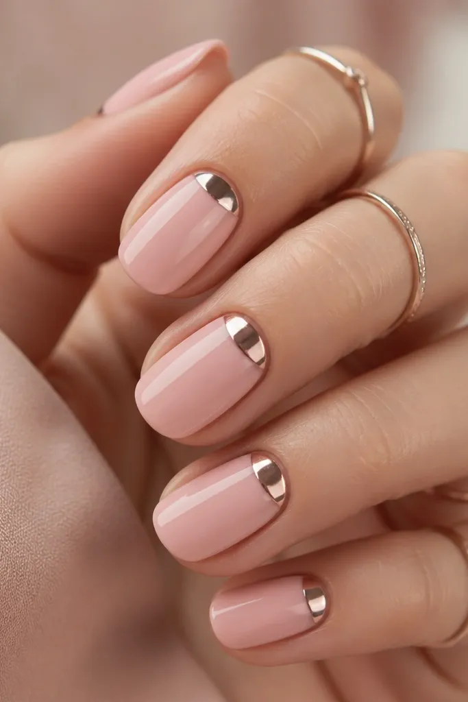 A soft pink base with a defined half-moon near the cuticle. The half-moon area is chrome mirror, while the rest stays a smooth blush with soft gloss.