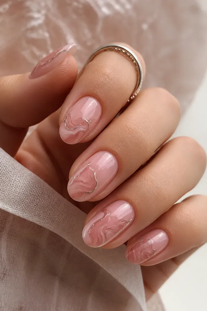 Soft pink nails with cloudy rose-quartz patches. Thin chrome swirls trace the edges of the cloudy patches, giving a smoky reflective effect.