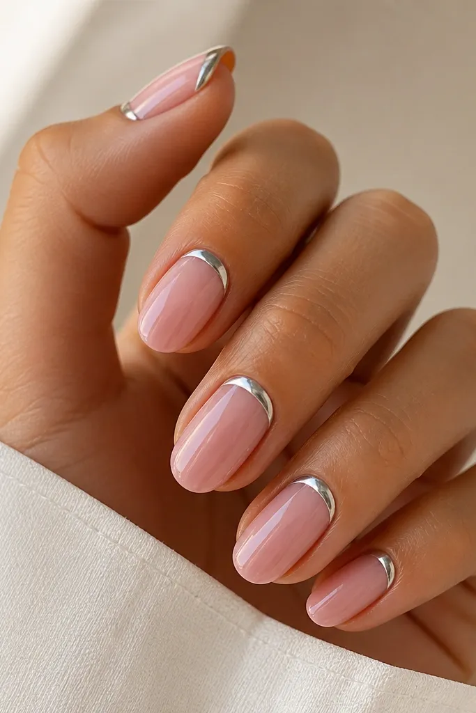 French tips are flipped - the chrome arc sits at the cuticle area, like an inverted smile. The rest of the nail is soft pink, glossy and smooth.