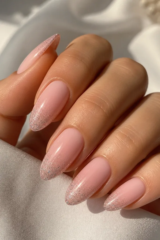 Soft pink base with a gradient fade of chrome sparkle concentrated near the tips. The shine fades lighter toward the center, giving a smooth ombre effect.