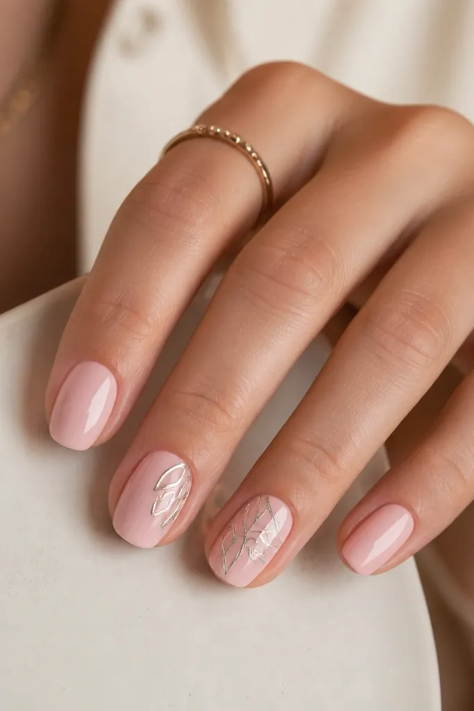 A soft pink base with thin chrome outlines forming small leaf shapes on two nails. The rest of the nails stay plain glossy soft pink.
