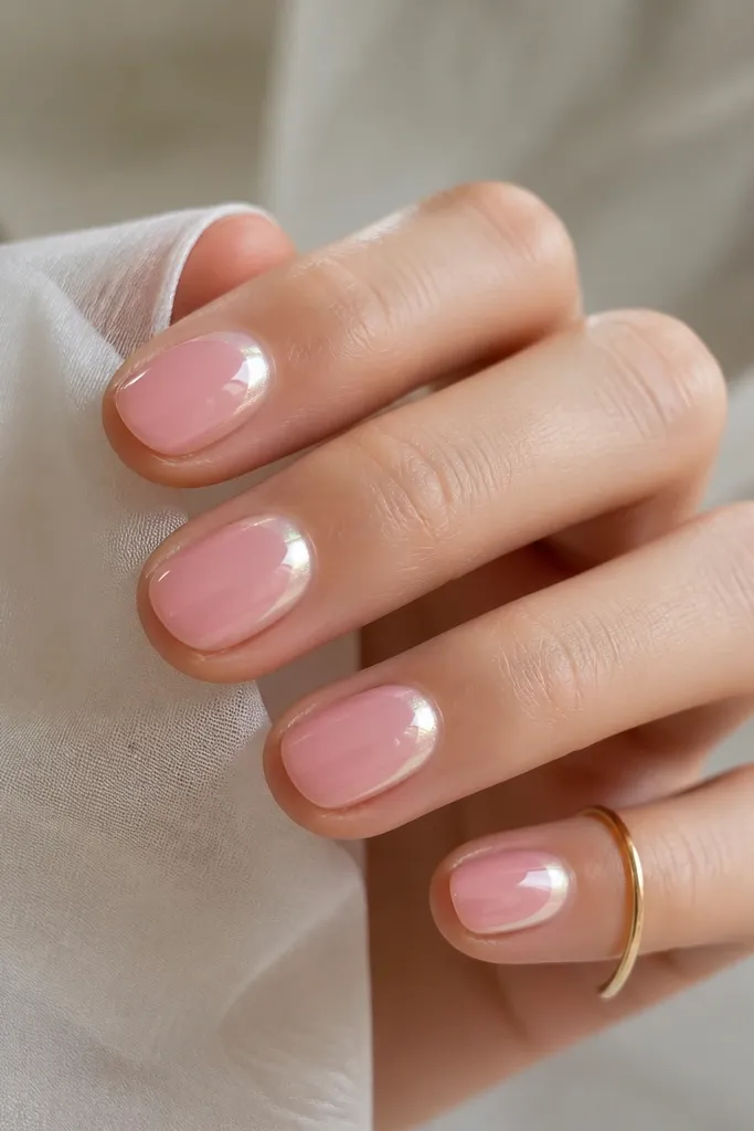 Soft pink nails with a glowing chrome aura ring around the cuticle area. The chrome fades outward into the blush, like a halo effect.
