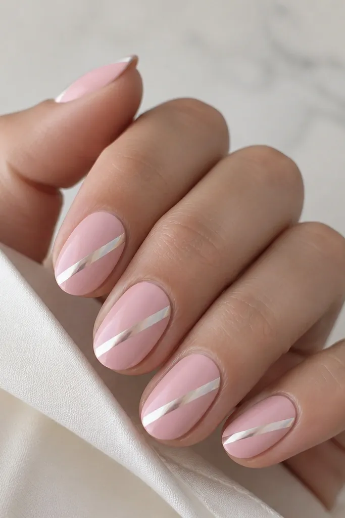Soft pink nails with thin diagonal candy stripes. One stripe is chrome mirror, the other is glossy soft pink, creating a clean striped look.