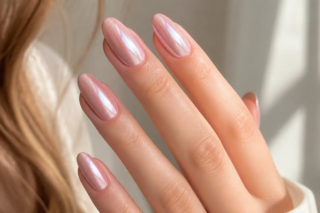 Budget-friendly soft pink chrome nails that still shine
