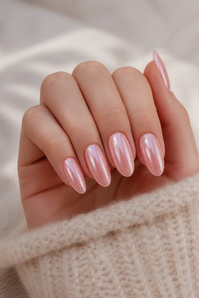 Budget-friendly soft pink chrome nails that still shine