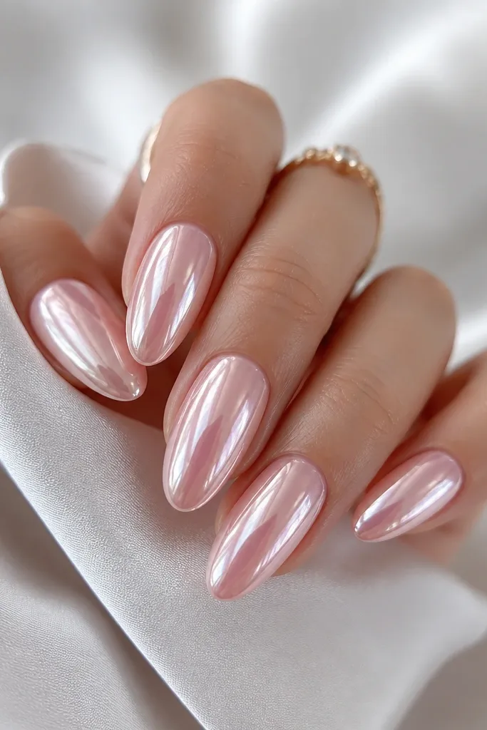 Medium almond nails coated in a sheer milky blush pink with full mirror chrome, reflecting light like a smooth glass sheet. No gems. Clean cuticle line.