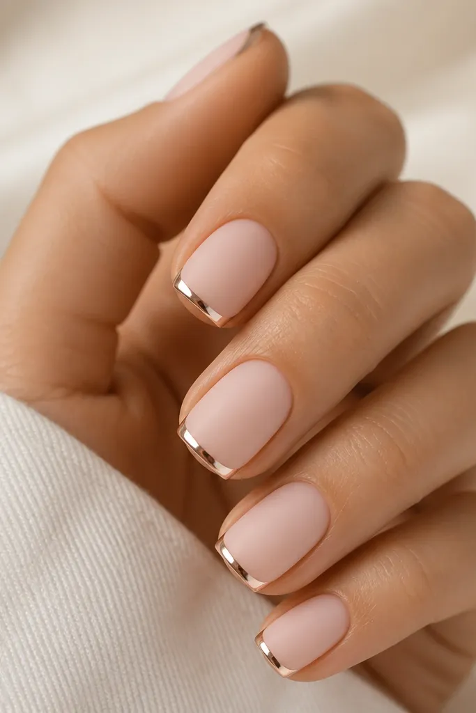 Short squoval nails with a sheer soft pink base. The free edge has a narrow chrome line like a French tip, with the rest staying matte-pink and glossy only on the edge.