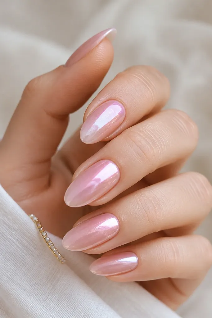 Almond nails with a soft pink to pale rose gradient. Chrome fades from stronger at the cuticle toward a lighter, glassy sheen at the tip, creating a quartz-like glow.