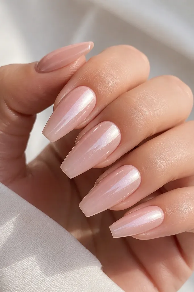 Coffin nails in sheer pearl-blush pink. The chrome is present but toned down, with a faint micro shimmer veil that looks like dusted pearls under the shine.