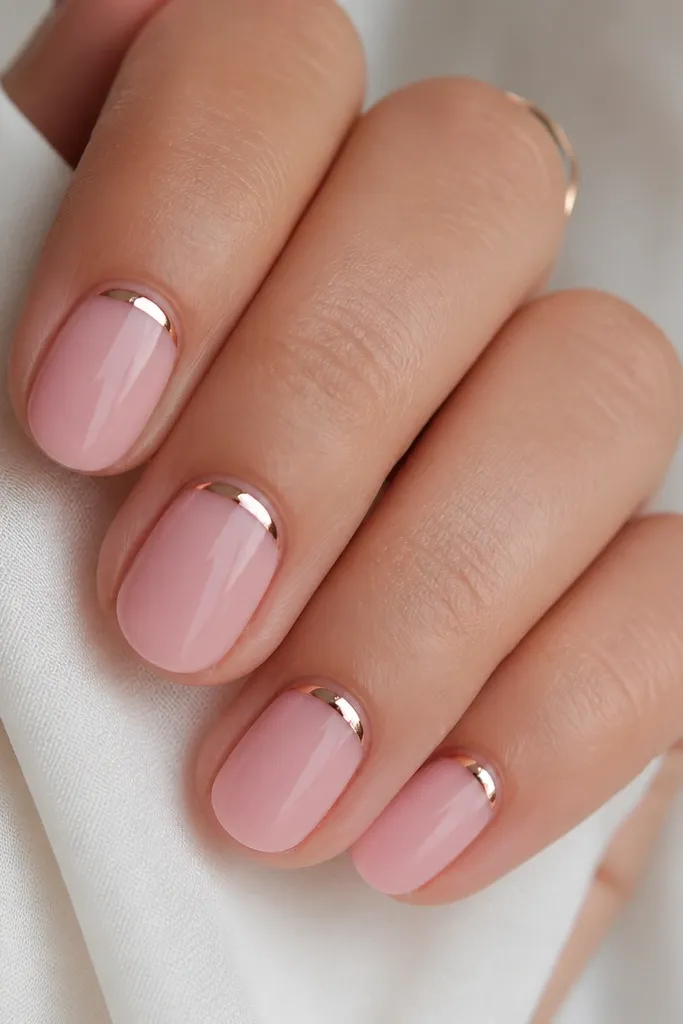 Soft pink nails with a chrome scallop arc right at the cuticle line. The rest of the nail is a glossy, sheer milky pink with a smooth finish.