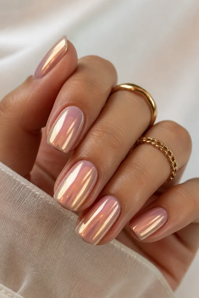 Soft pink nails that shift toward champagne-gold when light hits. The chrome is mirror-like but warmer at certain angles.