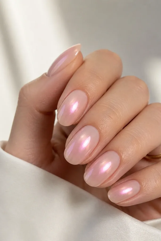 Medium oval nails with sheer soft pink base and a chrome aura glow centered in the middle. The chrome is strongest at a small central dot and fades outward.