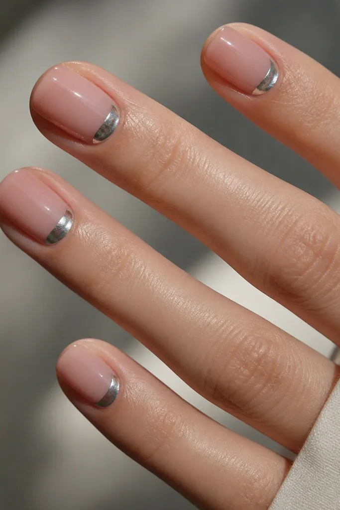 Short squoval nails with a glossy sheer blush base. A chrome half-moon sits at the base of each nail, centered and slightly thicker than a French line.