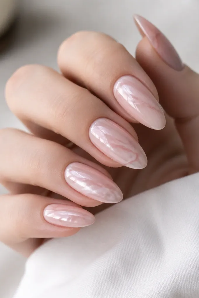 Almond nails with sheer soft pink base. Thin, grayish-pink marble veins run diagonally, and chrome sheen sits over the veins for a marbled glass effect.
