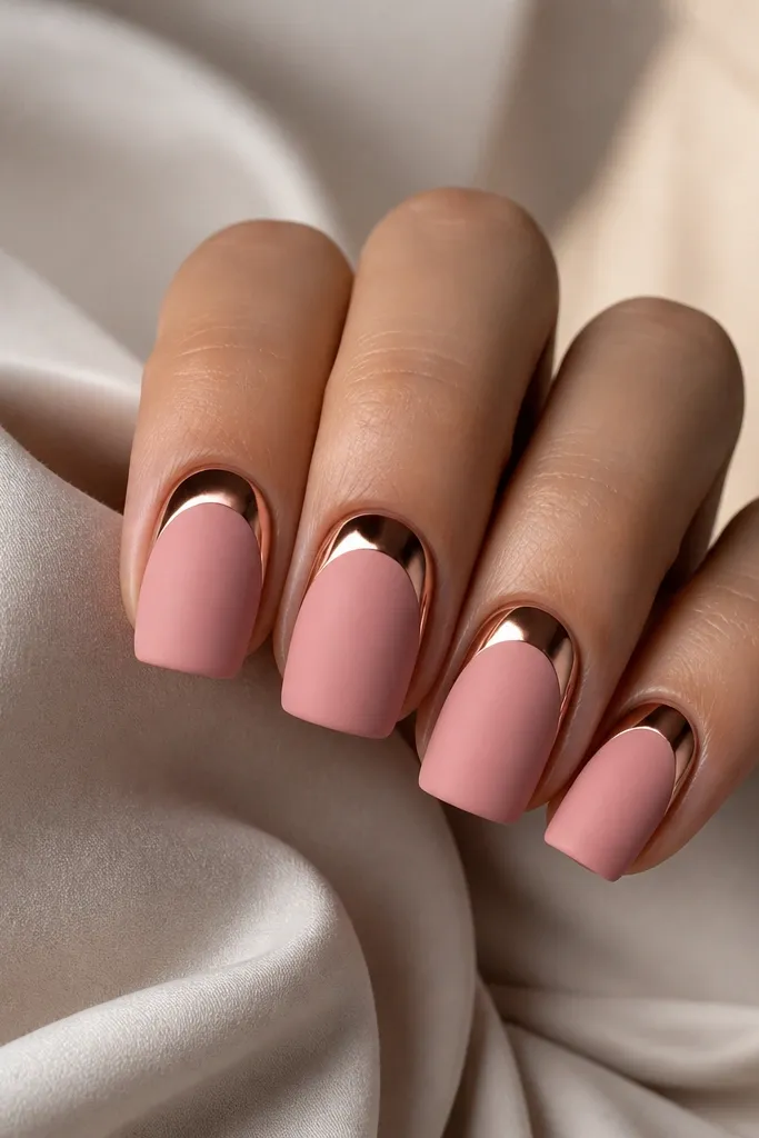 Square-to-squoval nails with a matte soft pink velvet base. Only the top portion has mirror chrome in a curved band, creating a satin-to-mirror contrast.