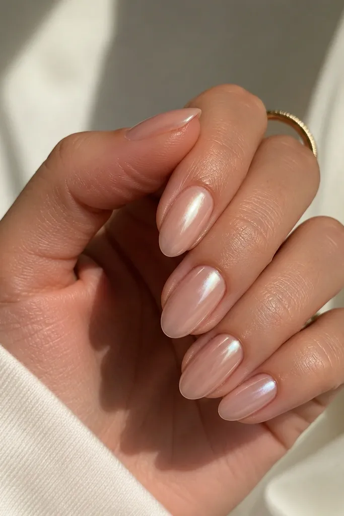 Short almond nails with a glossy sheer blush base and a very fine, subtle chrome sheen across the entire nail, not full mirror.
