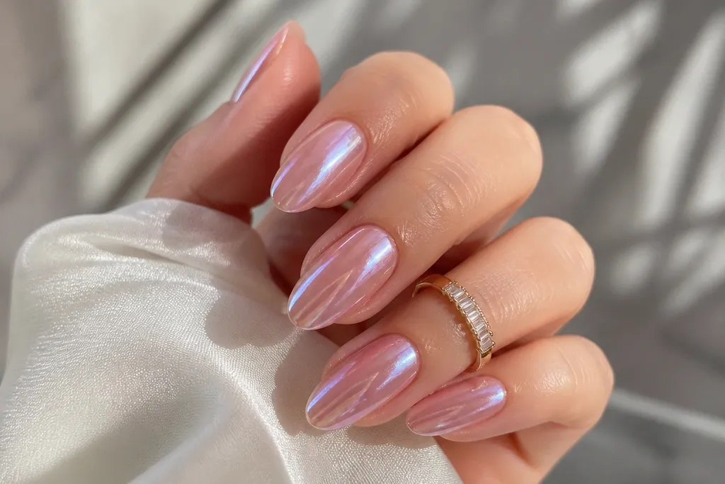 Luxe high end soft pink chrome nails that look expensive