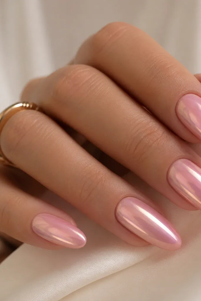 Luxe high end soft pink chrome nails that look expensive