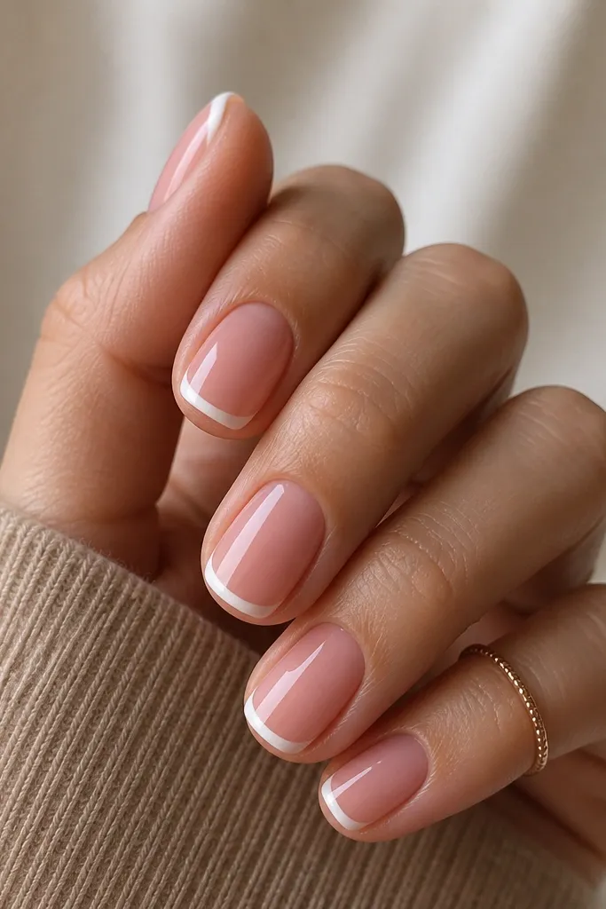 Short square nails painted a milky rose pink base. The french tips are thin, rounded, and slightly tapered at the edges, with a glossy finish.
