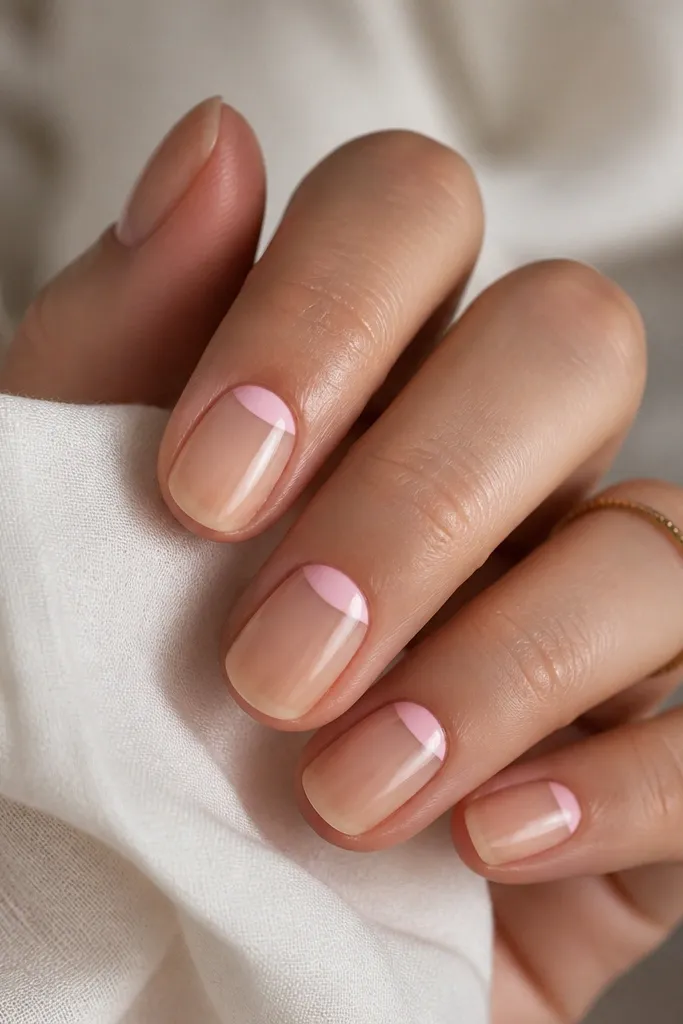 Nails have a sheer nude-pink base. Instead of a full french tip, there's a soft pink half-moon line near the cuticle, with the rest of the nail staying clear.