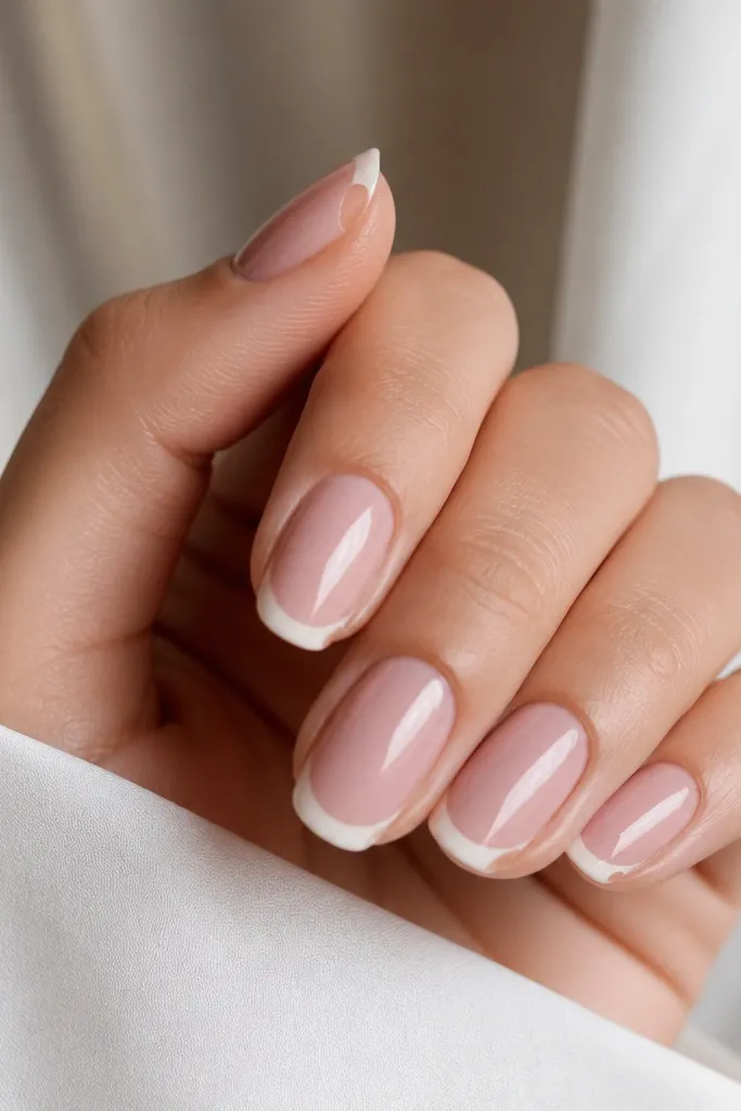 A dusty blush base covers the nails. The french tips are soft and rounded, but the very outer corners are left bare (negative space), with a high-gloss top coat.