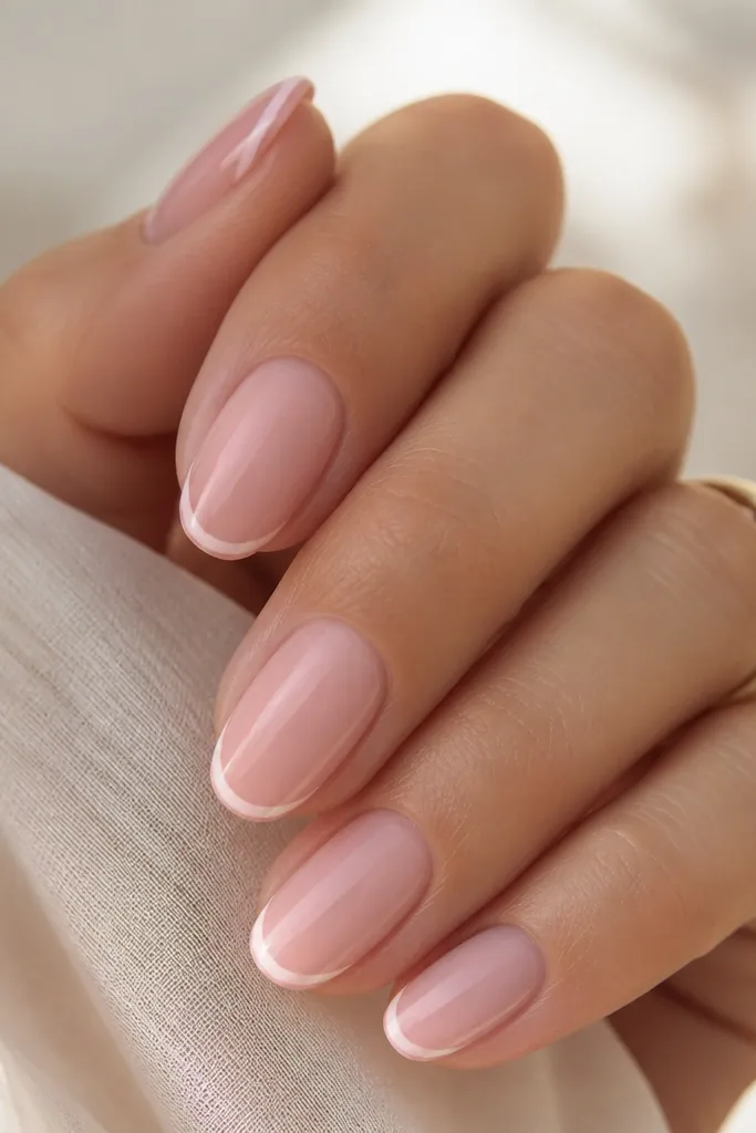 Sheer soft pink base with french tips in soft pink. Around the edge of each tip, there's a very thin white outline line following the curve.