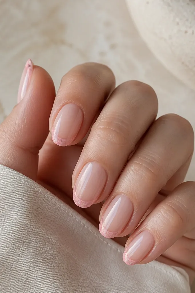 Nails are sheer pink with french tips formed from a stamp pattern - a soft pink stamp creates a rounded tip shape with a subtle texture, but still looks smooth.