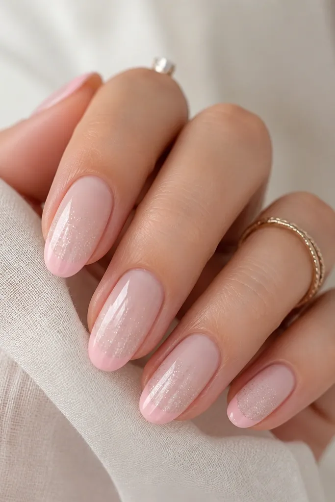 Milky pink nails with soft pink french tips. A tiny amount of fine glitter fades from the tip center downward, almost like a soft sparkle ombre.