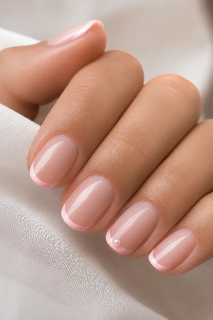 Sheer nude-pink nails with soft pink french tips. One nail has a single tiny pearl dot placed at the center of the french smile line.