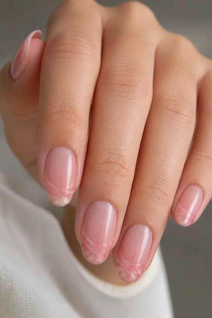 Sheer pink base. The french tips have a semi-transparent rose pattern with thin swirls, like a rose quartz effect, still staying soft and airy.