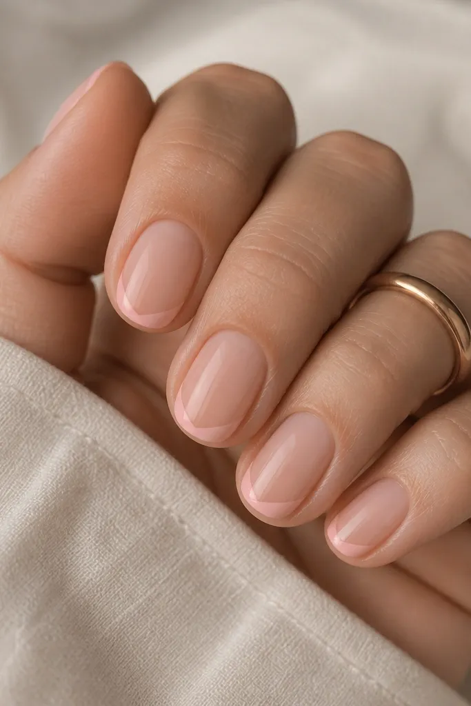 Short oval nails with sheer pink base. Each nail has a diagonal soft pink tip line that starts near the sidewall and slopes slightly toward the center, with a glossy finish.