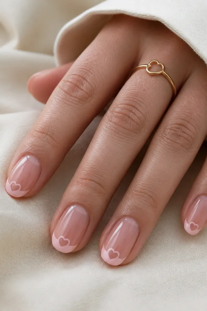 Sheer nude-pink nails with soft pink french tips. In the center of the tip, there's a small heart-shaped negative space, outlined by the soft pink.