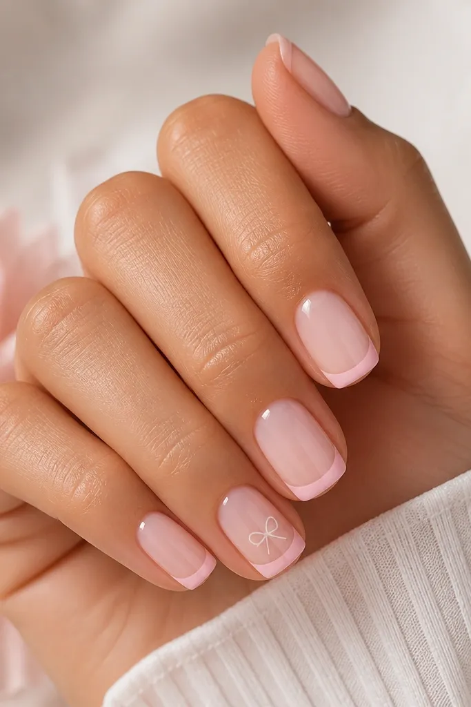 Soft pink french tips on all nails. On one accent nail, there's a tiny bow made from two small white lines and a dot at the center sitting near the smile line.