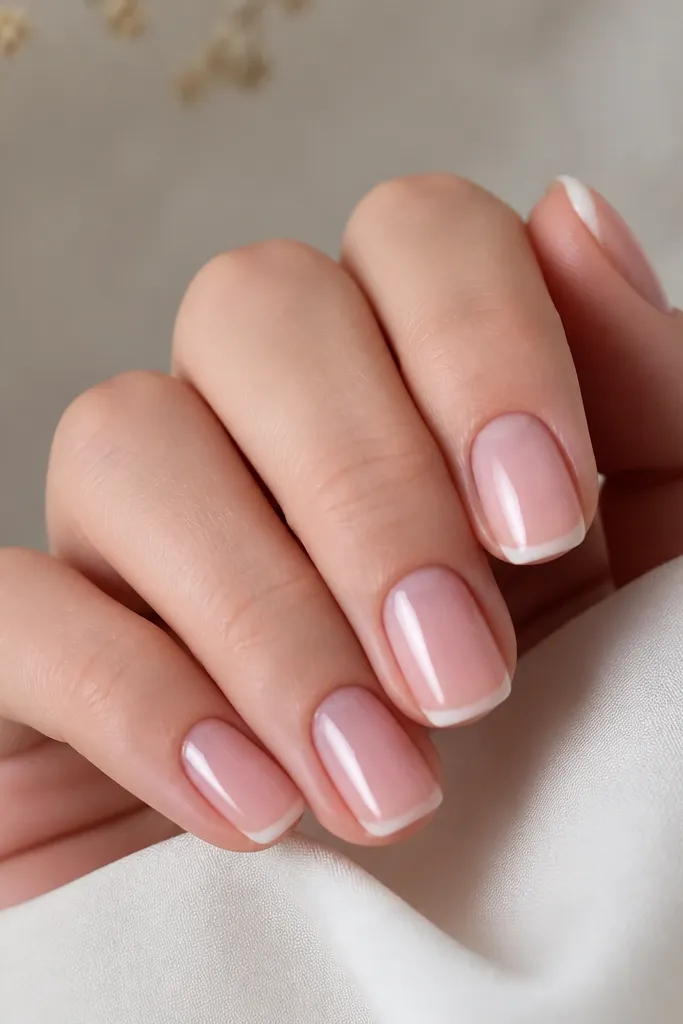 Five short squoval nails. The base is milky soft pink. The French tips are a very narrow, 1.5mm white band with slightly blurred edges like a cloud, not a hard stripe. Glossy top coat catches light.