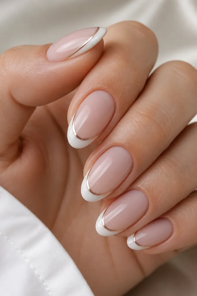 Short almond nails with sheer soft pink base. The French tip is clean white at the edge, and there's a thin rose-gold line just under the smile line, like a second, delicate border. A high-gloss finish makes the gold look metallic.