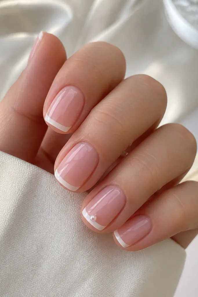 Short squoval nails. Most nails have a sheer pink base with a classic thin white French tip. One accent nail has a single tiny pearl dot centered on the French line. Everything is glossy.