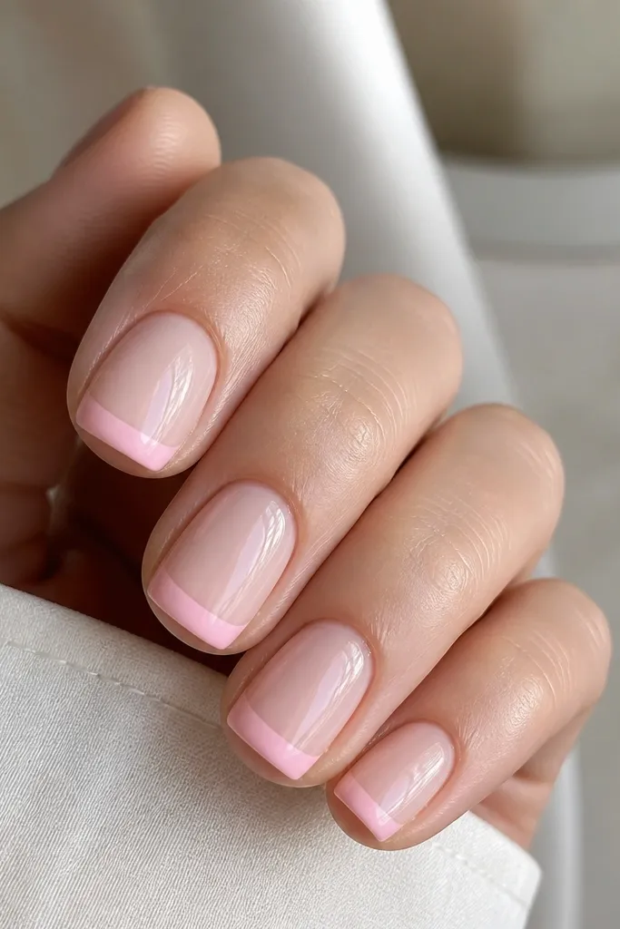 Short square nails. The base looks sheer nude. The tip is a soft pink band that's slightly translucent, with a clean edge. The overall look feels airy and modern.