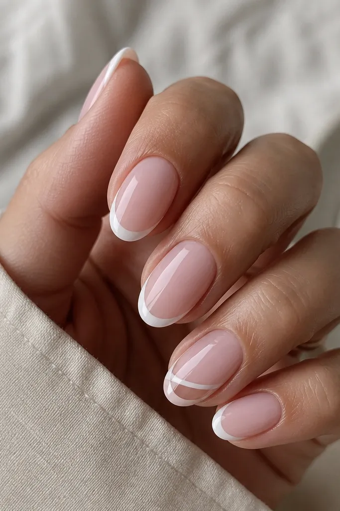 Short almond nails. Four nails have milky soft pink base with thin white French tips. One nail has a tiny diagonal cut of negative space on the tip area, like a small window bordered by soft pink and white. Glossy finish.