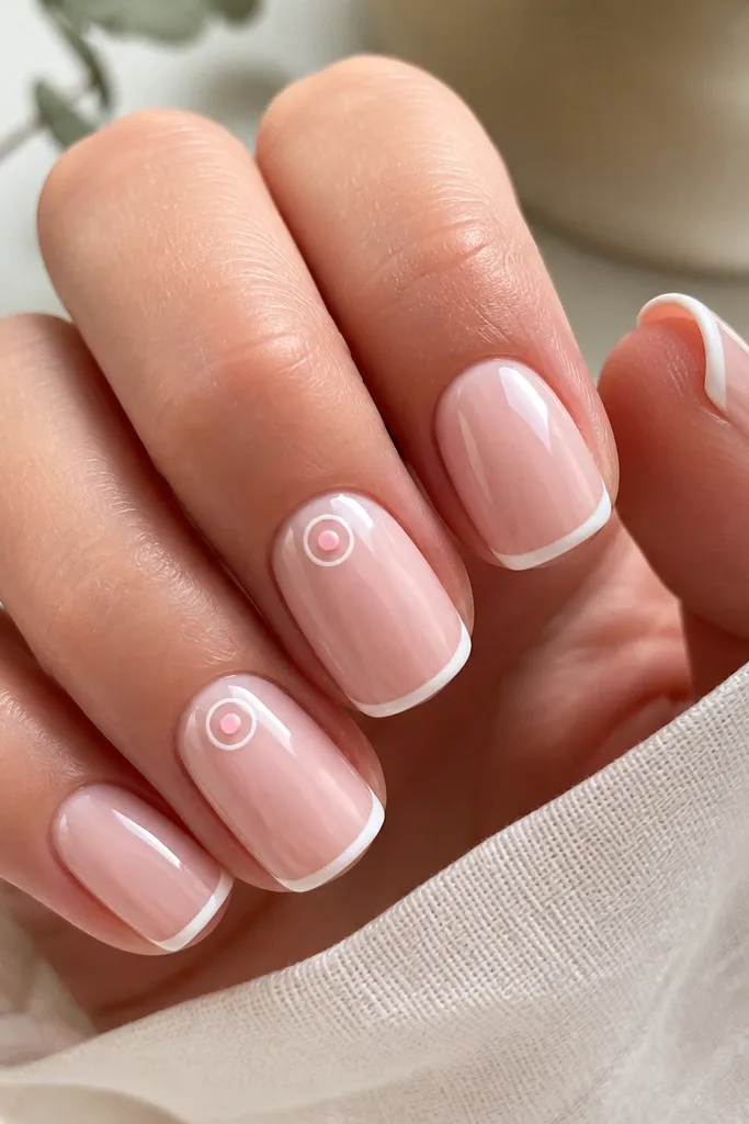 Short squoval nails with sheer soft pink base and thin white French tips. On two accent nails, there's a tiny outlined circle (white ring) near the smile line, with a blush-pink dot in the center. Glossy.