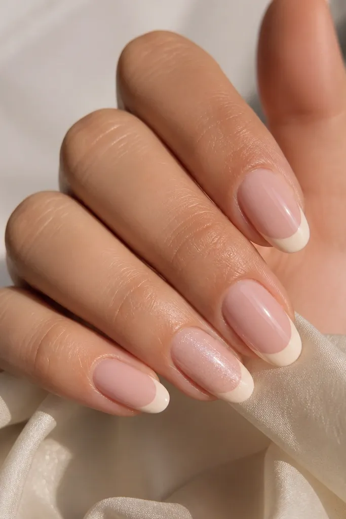 Short almond nails with warm ivory French tips instead of bright white. The base is soft blush pink, glossy, and the ivory tip looks slightly creamy. One nail has a faint shimmer under the top coat.