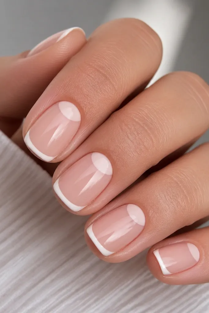 Short squoval nails with sheer soft pink base. The French tips are thin and white. On each nail, there's a pale blush half-moon near the cuticle, separated by a crisp edge. Glossy finish.