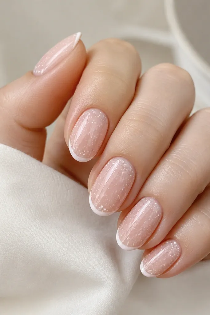 Short almond nails. Milky soft pink base with thin white French tips. Over the base and lightly on the tip, there are tiny white speckles scattered like confetti. Glossy top coat.
