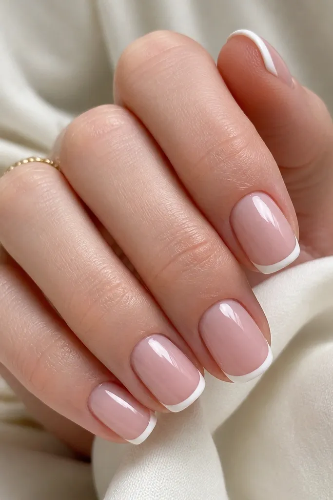 Short squoval nails with a soft pink base. The French tips are super clean with sharp tape-straight edges, like press-ons. The tips are bright white but thin and even. Mirror glossy top coat.