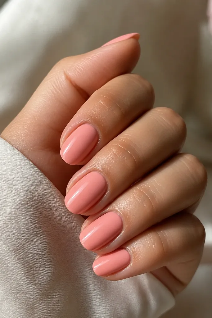 Five nails in a glossy peachy soft pink solid color, with a smooth reflective shine and no visible nail art; the cuticles look clean and the edges are neatly shaped.