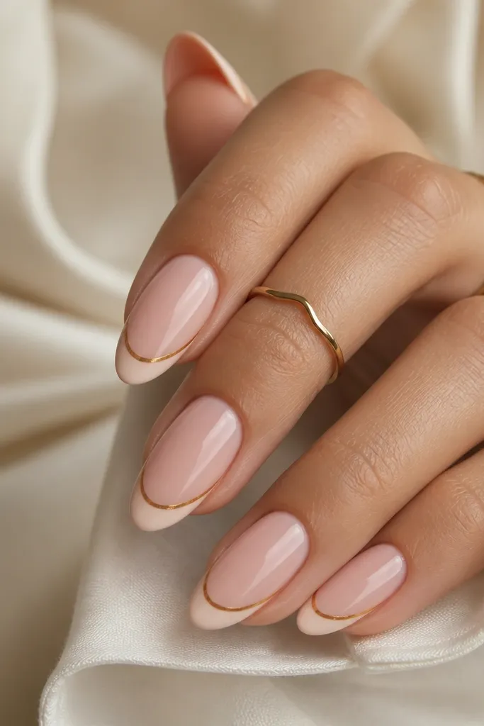 Soft almond nails with a creamy warm soft pink base, a thin white-peach French tip, and a single ultra-thin gold line running just under the smile line; glossy finish.