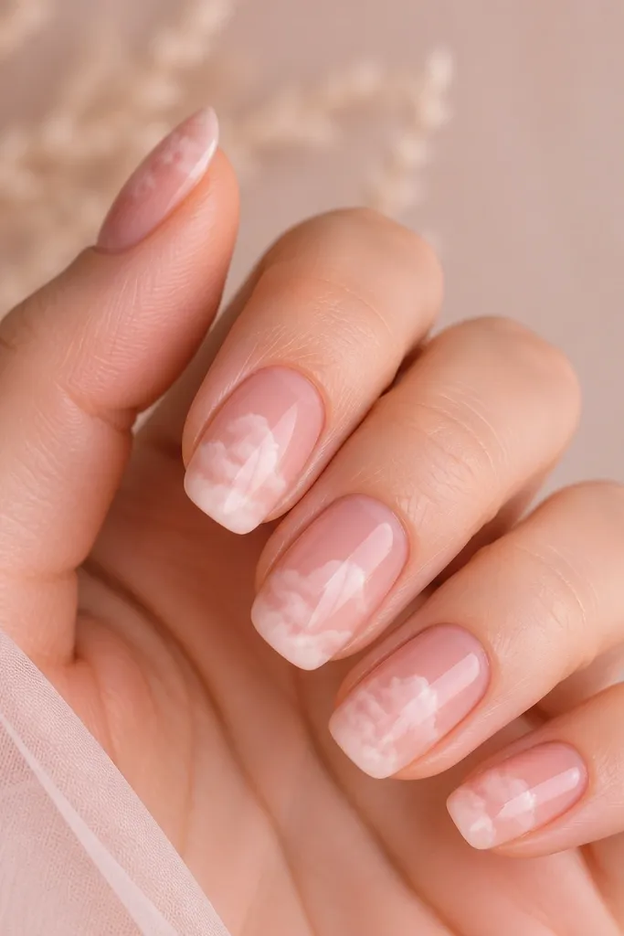 A nude-warm soft pink base with dreamy, semi-opaque cloud-like white-pink swirls at the tips; glossy topcoat with a soft, airy look.